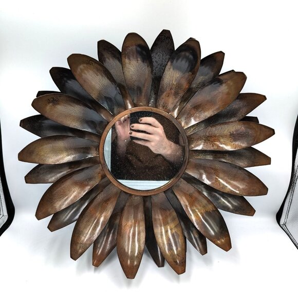Restoration Hardware RH Carrow Oiled Bronze Metal Flower Mirror Lotus 16" Rustic - Picture 1 of 7